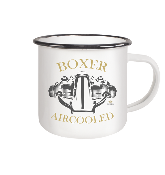 Motiv Boxermotor - Nostalgische Emailletasse weiß mit schwarzem Rand.