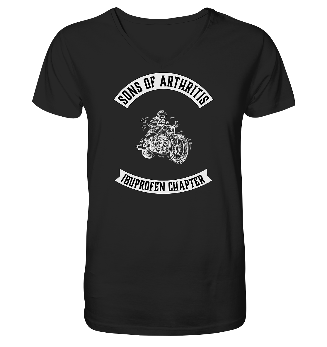 Sons of Arthritis Motiv mit stilisiertem Biker - V-Neck Shirt. Motiv Vorderseite.