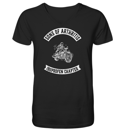 Sons of Arthritis Motiv mit stilisiertem Biker - V-Neck Shirt. Motiv Vorderseite.