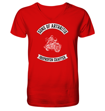 Sons of Arthritis Motiv mit stilisiertem Biker - V-Neck Shirt. Motiv Vorderseite.